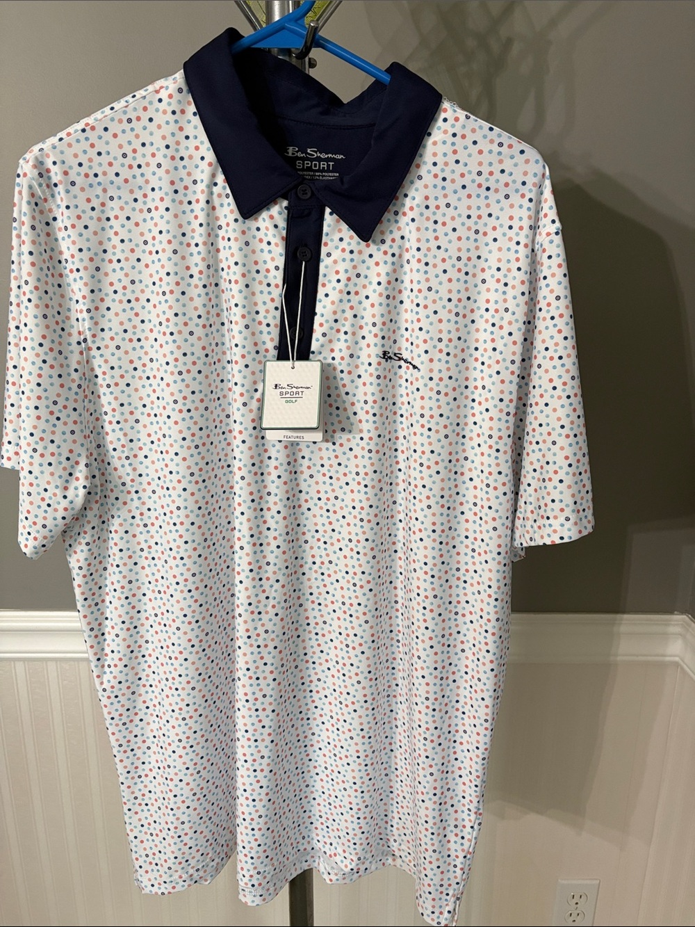 Ben Sherman White Polo with Navy Collar and Multicolor Dots